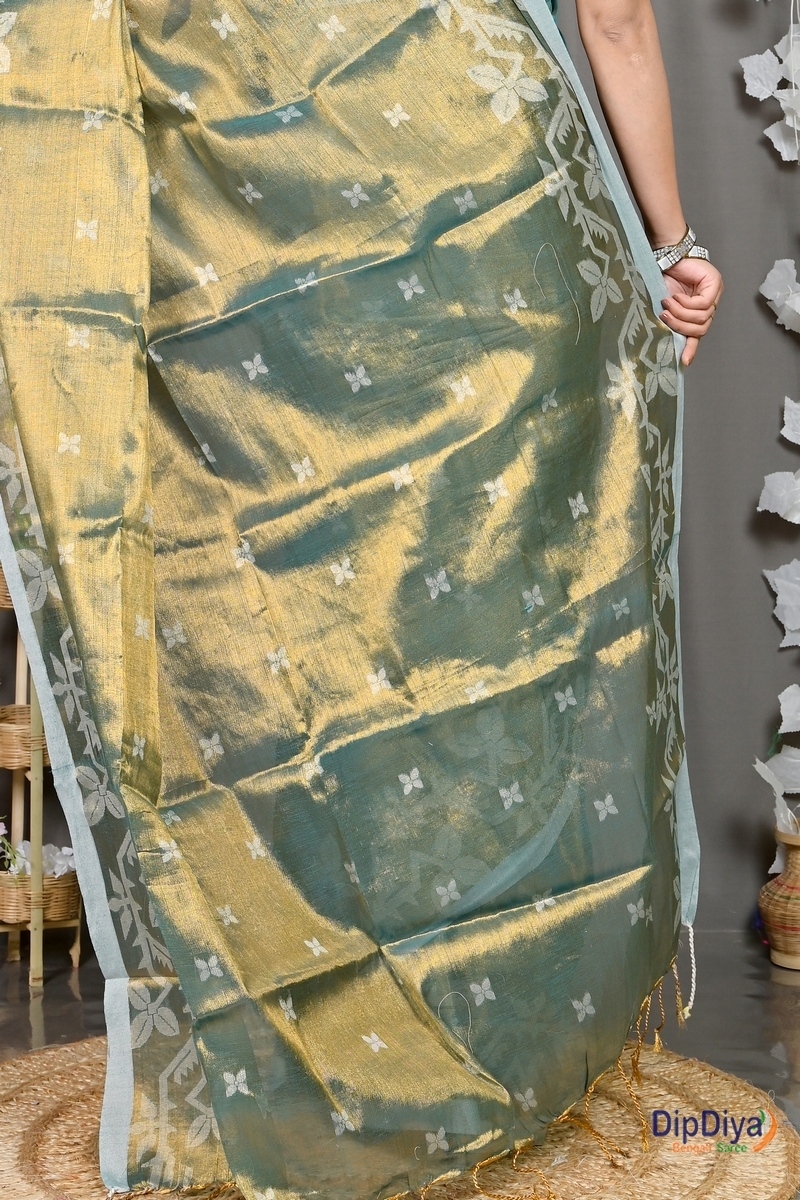 Olive Green Cotton Silk Parashar Tissue Jamdani Saree (293)